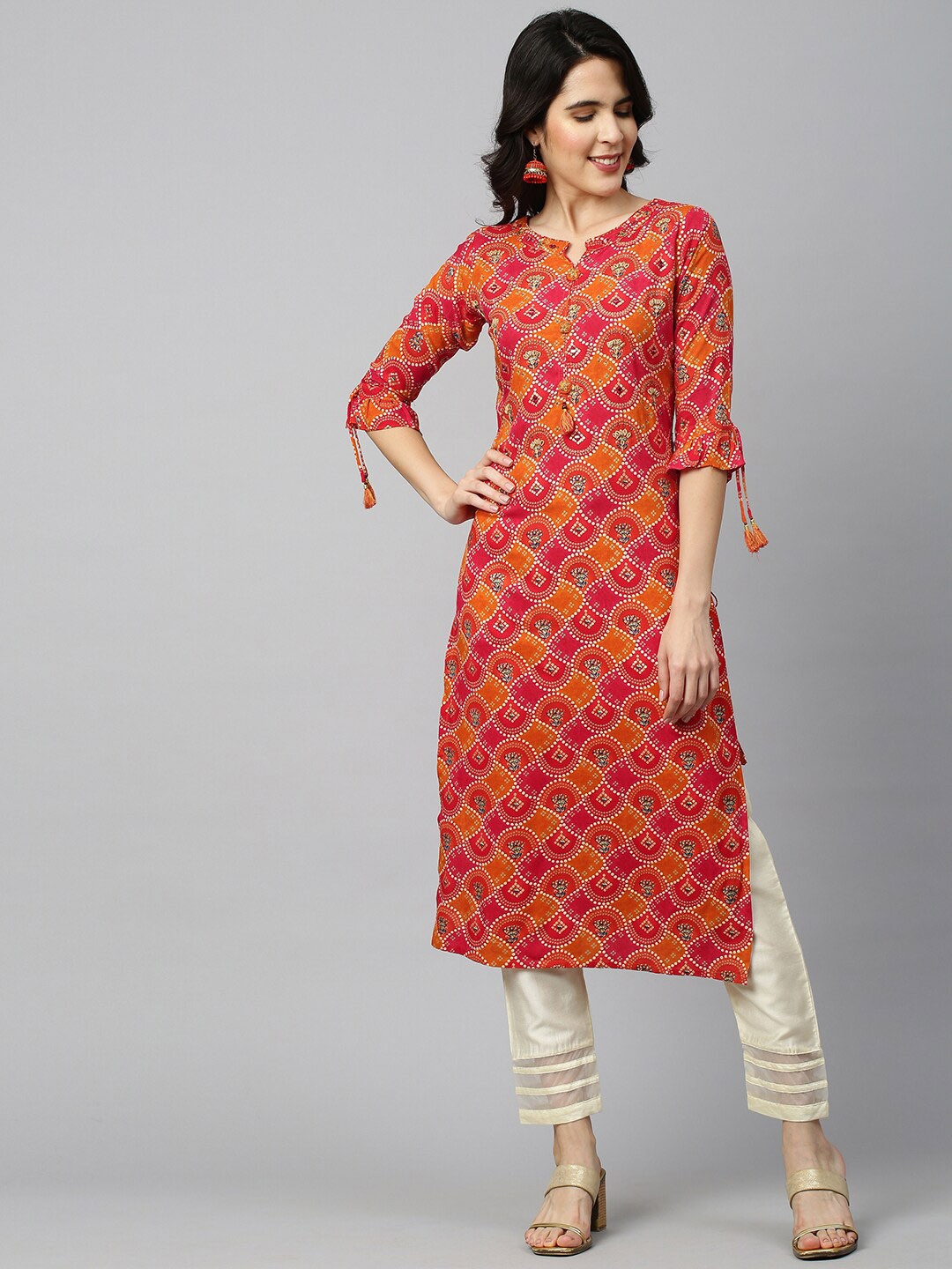 

FASHOR Women Pink & Orange Ethnic Motifs Printed Straight Kurta