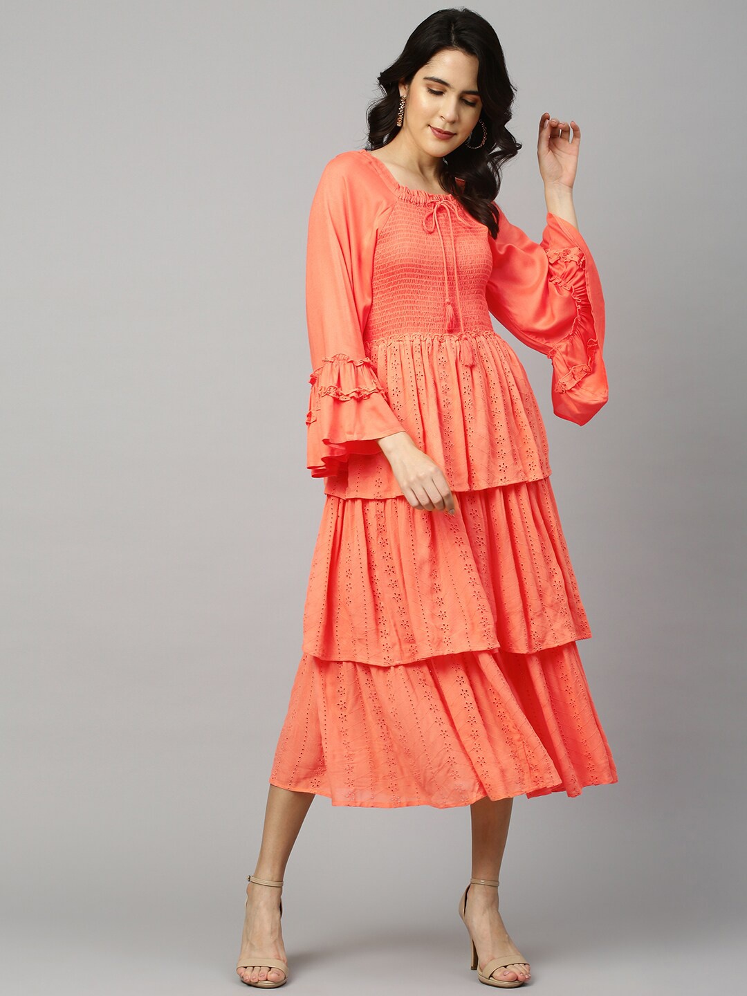 

FASHOR Coral Orange Schiflfi Embroidered Layered Smocked A-Line Midi Dress