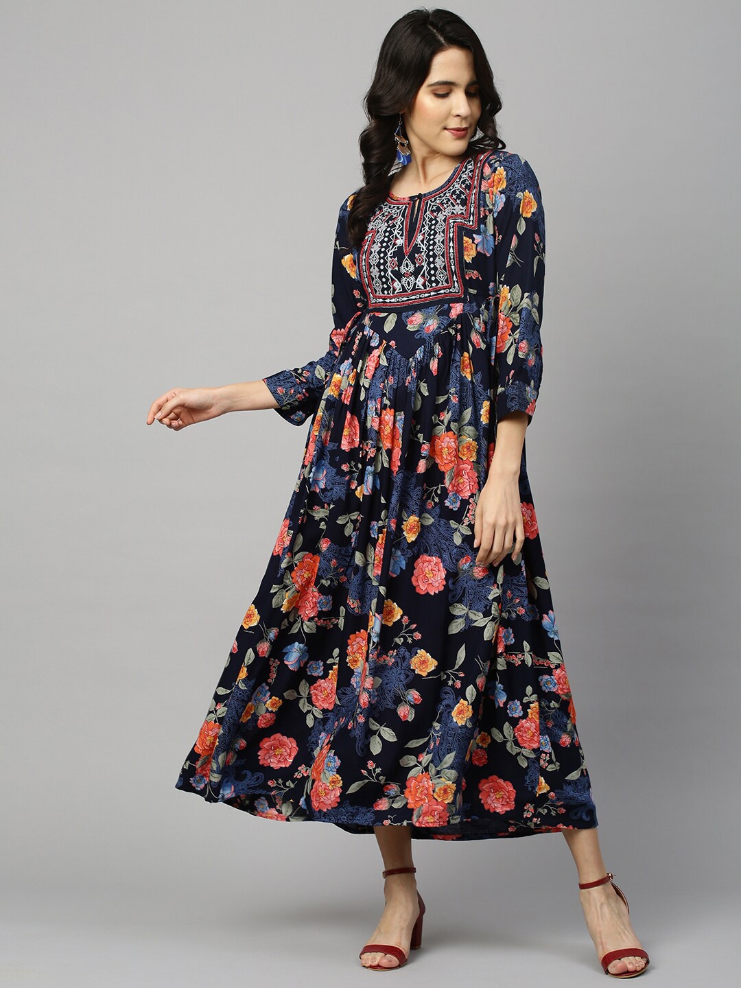 

FASHOR Women Blue & Pink Floral Keyhole Neck Ethnic Maxi Dress