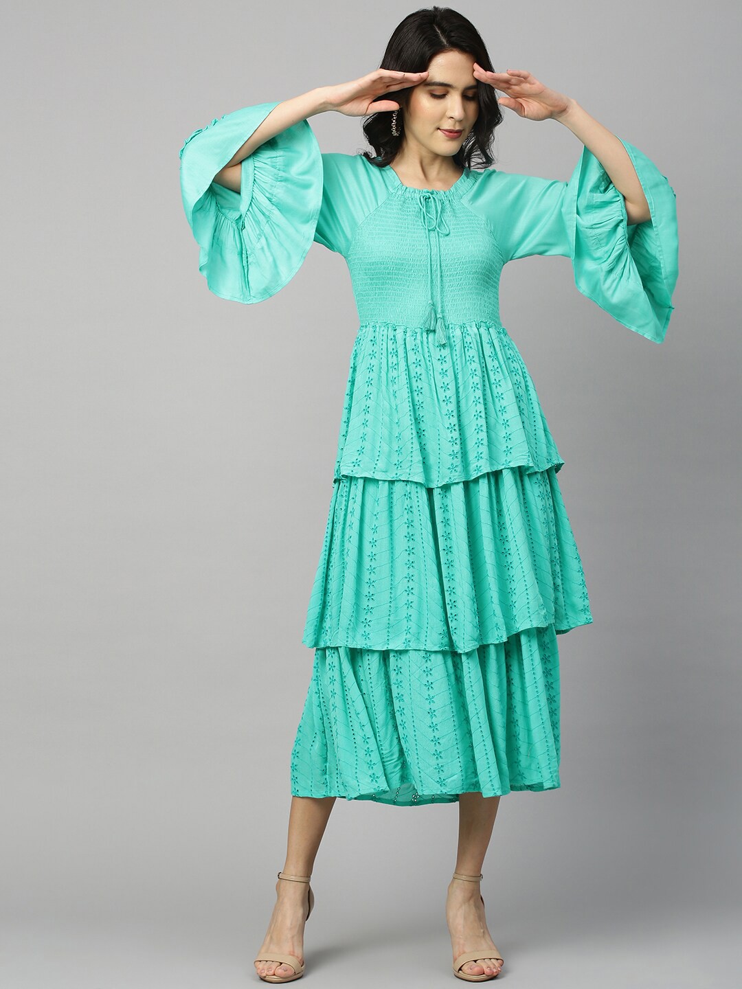 

FASHOR Sea Green Schiflfi Embroidered Layered Smocked A-Line Midi Dress
