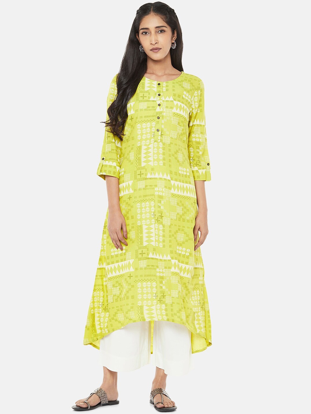 

RANGMANCH BY PANTALOONS Women Green Printed Keyhole Neck Kurta