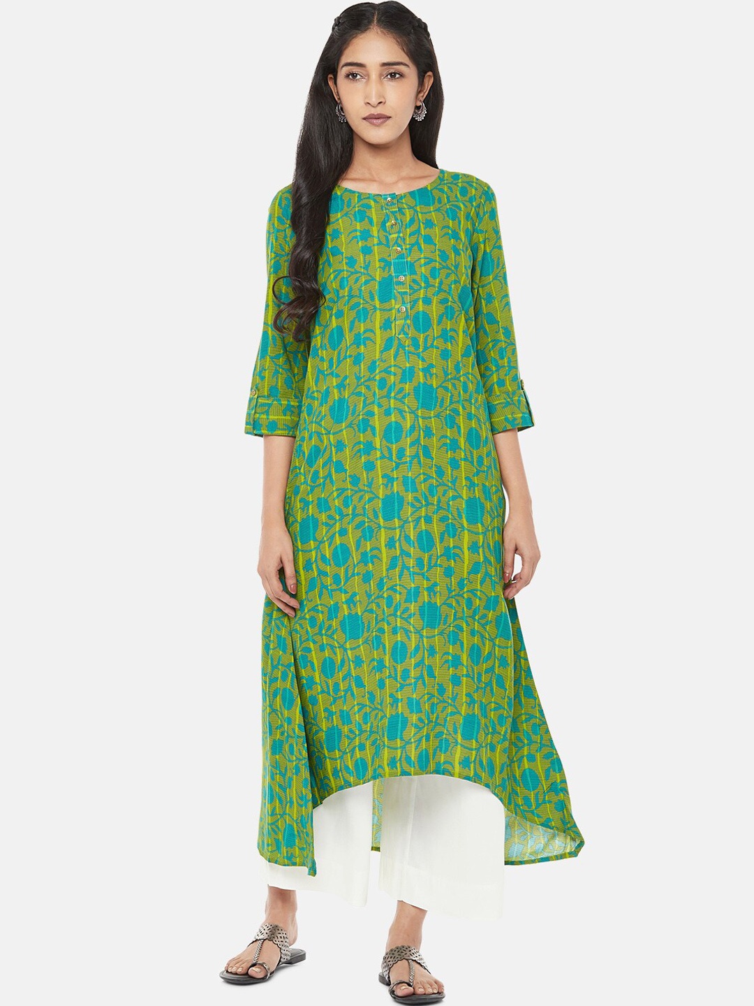 

RANGMANCH BY PANTALOONS Women Lime Green & Blue Floral Printed Kurta