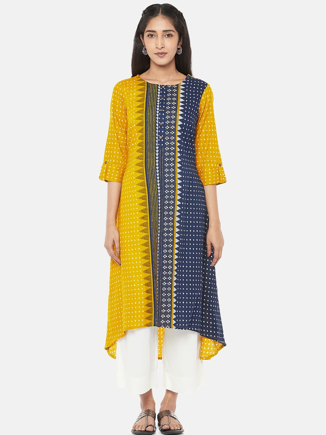 

RANGMANCH BY PANTALOONS Women Yellow & Navy Blue Ethnic Motifs Printed Cotton Kurta