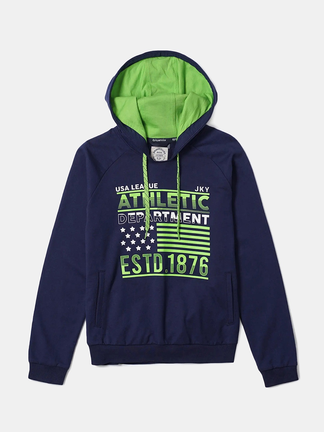 

Jockey Boys Super Combed Cotton Graphic Printed Full Sleeve Hoodie Sweatshirt-AB26, Navy blue