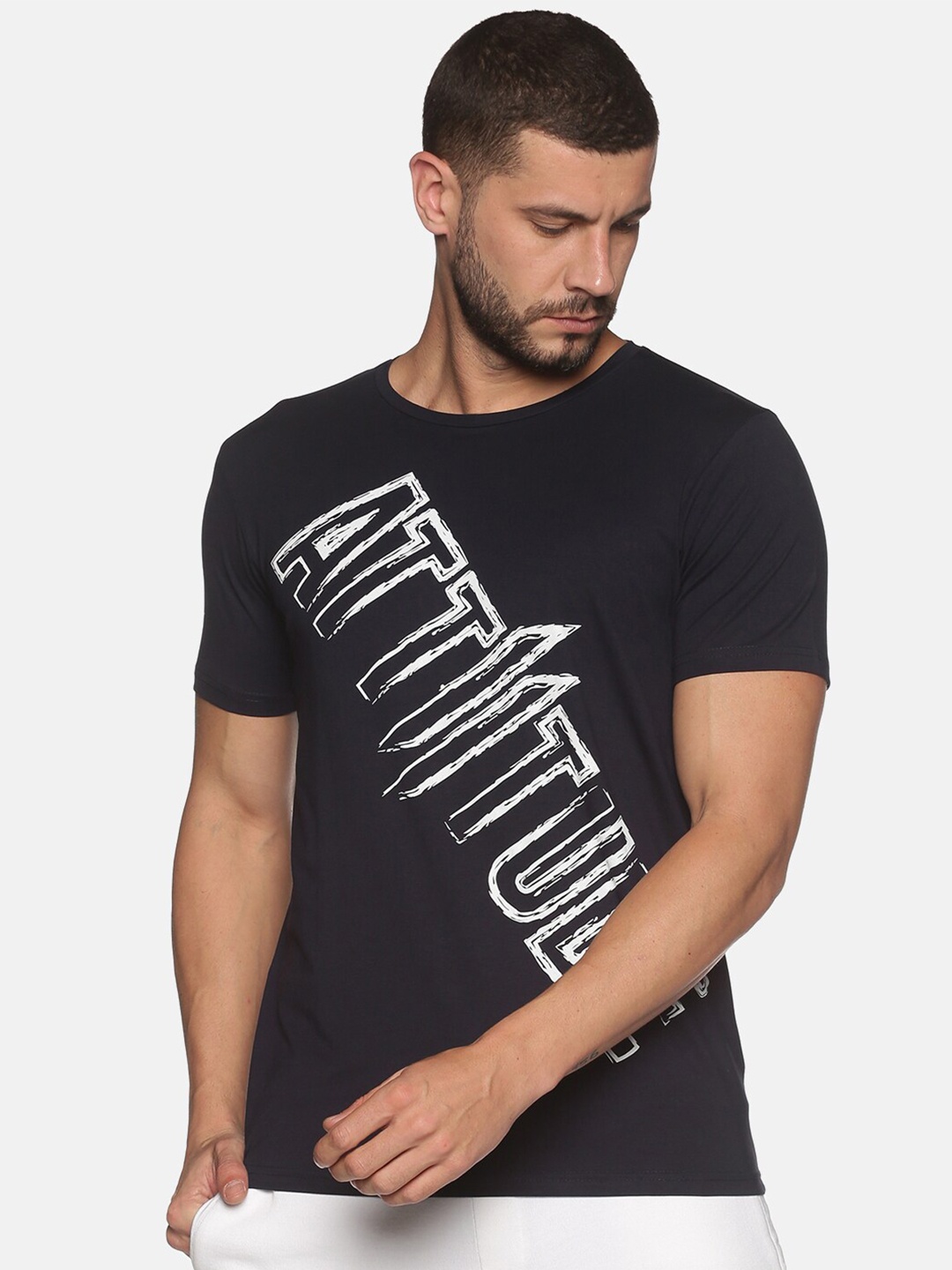 

ATTIITUDE Men Navy Blue & White Brand Logo Printed Dry Fit Cotton Slim Fit T-shirt