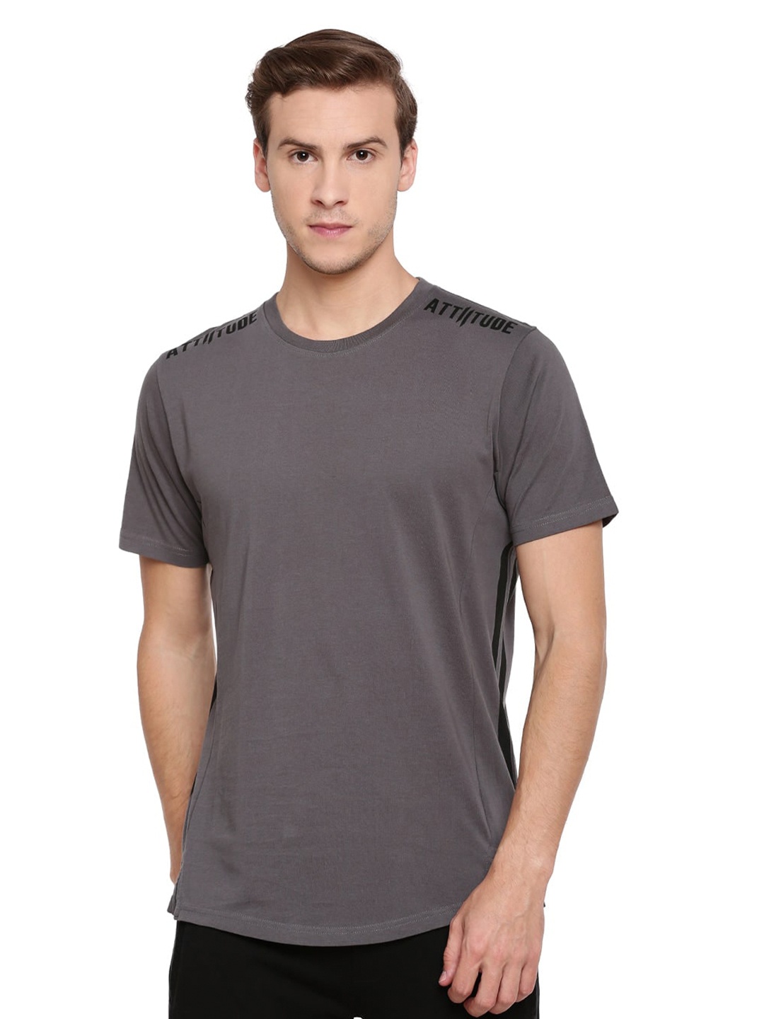 

ATTIITUDE Men Grey Solid Round Neck Cotton Slim Fit T-shirt with Bio Finish