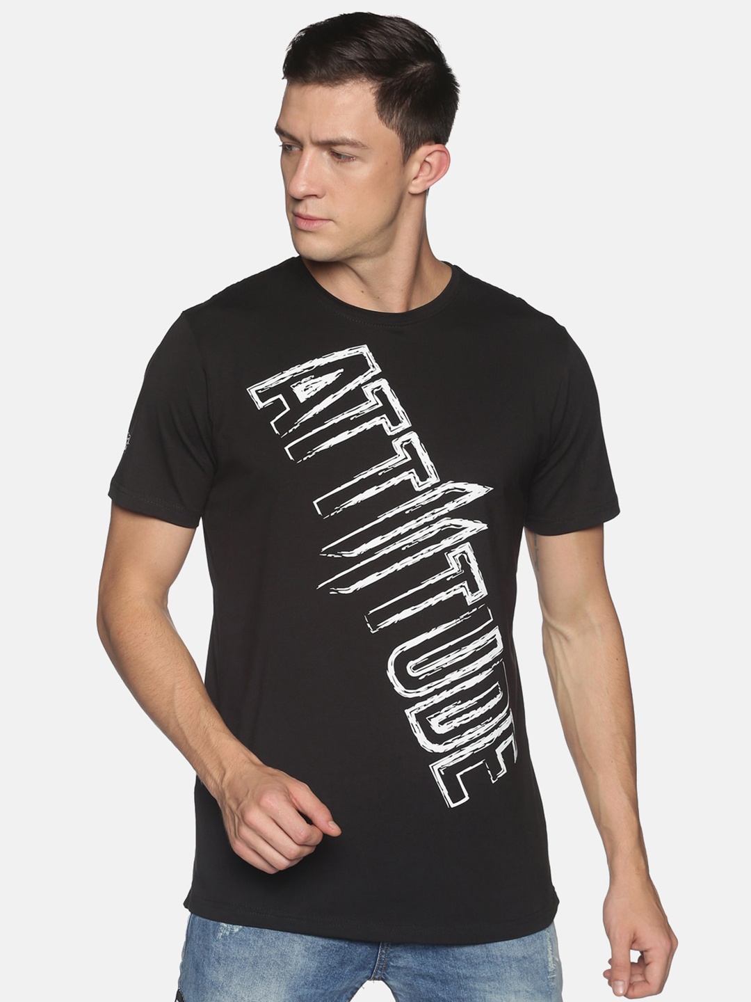 

ATTIITUDE Men Black Brand Logo Printed Dry Fit Cotton Slim Fit T-shirt