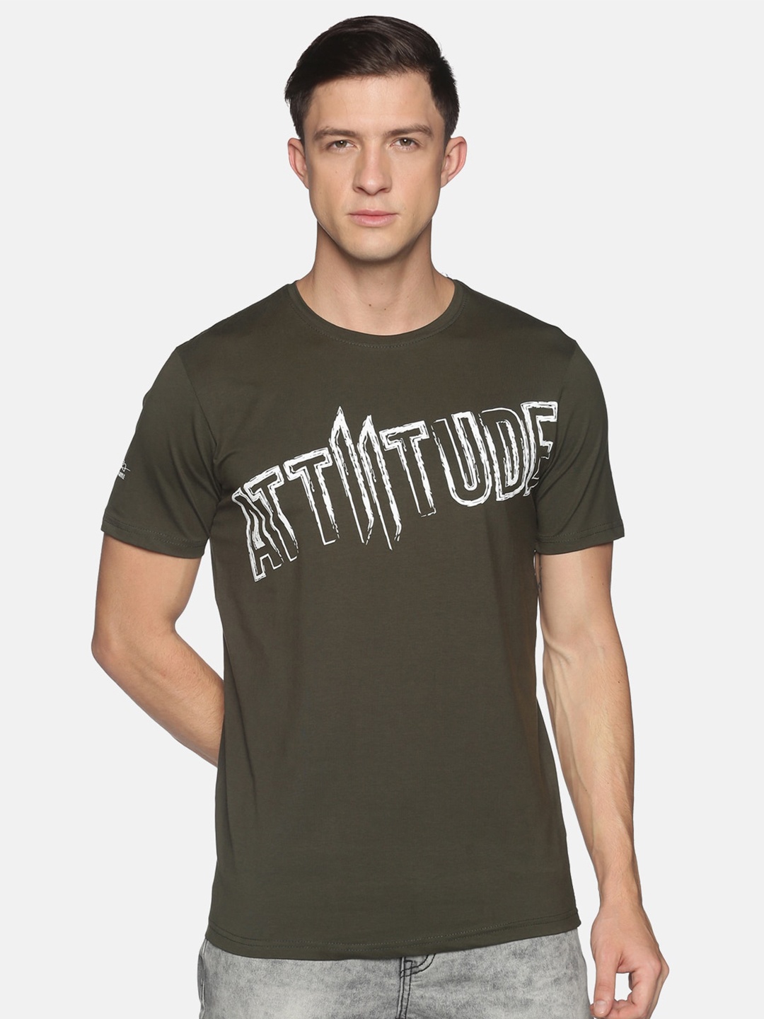 

ATTIITUDE Men Olive Green & White Brand Logo Printed Dry Fit Cotton Slim Fit T-shirt