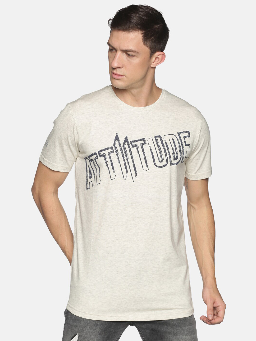 

ATTIITUDE Men Cream-Coloured Typography Printed Cotton Slim Fit T-shirt