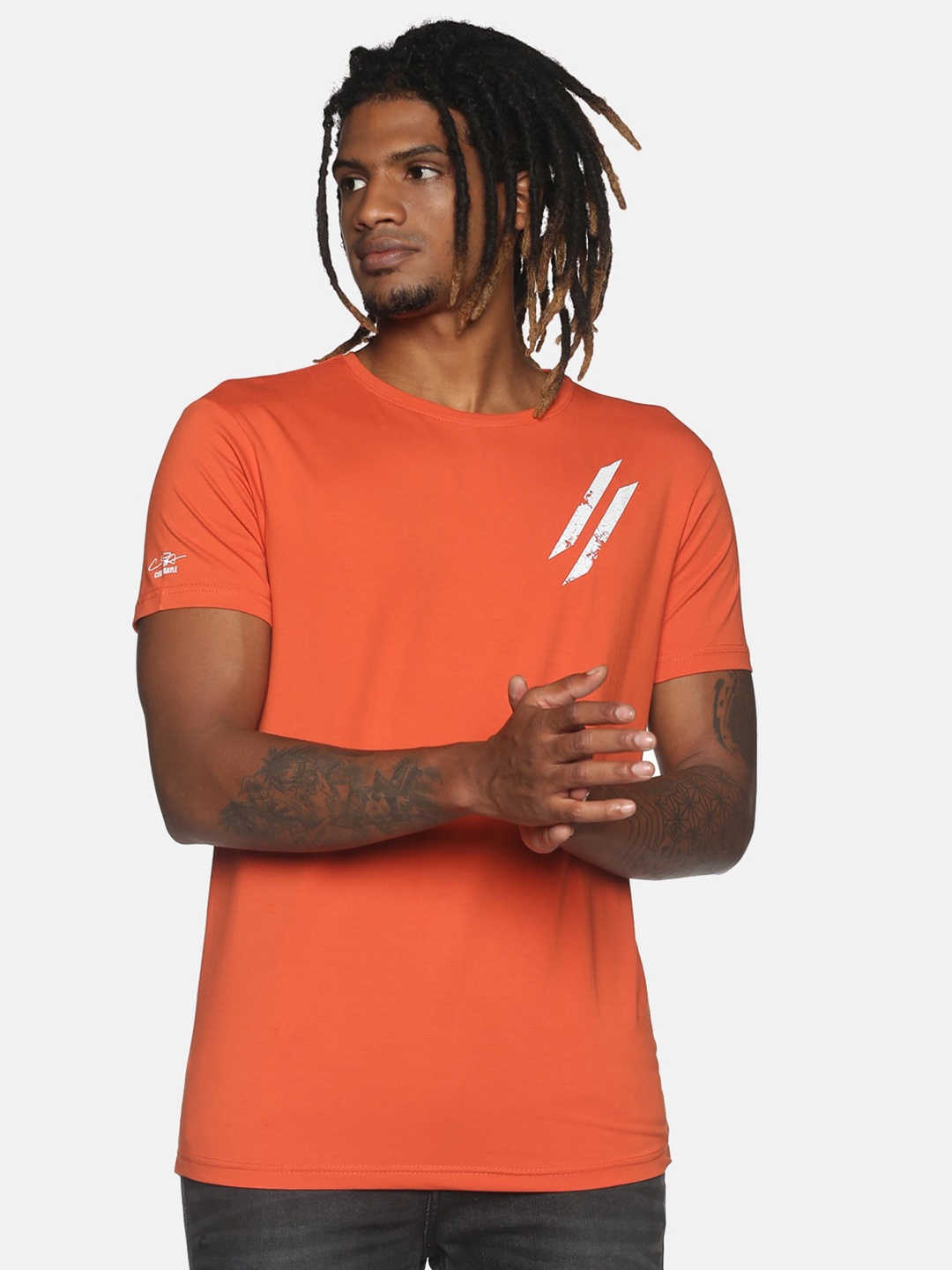 

ATTIITUDE Men Orange Solid Round Neck Dry Fit Cotton Slim Fit T-shirt