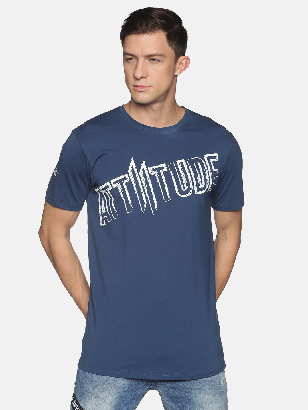 

ATTIITUDE Men Navy Blue Brand Logo Printed Dry Fit Cotton Slim Fit T-shirt