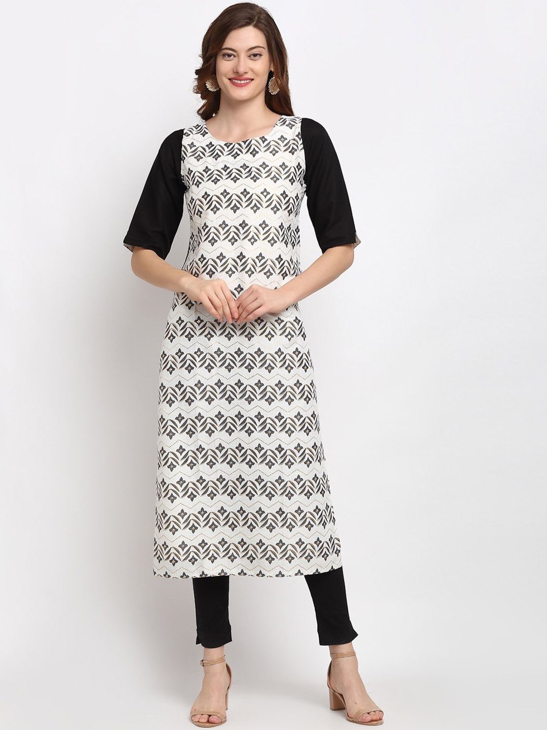 

Lovely Lady Women Black & Off White Floral Printed Kurta