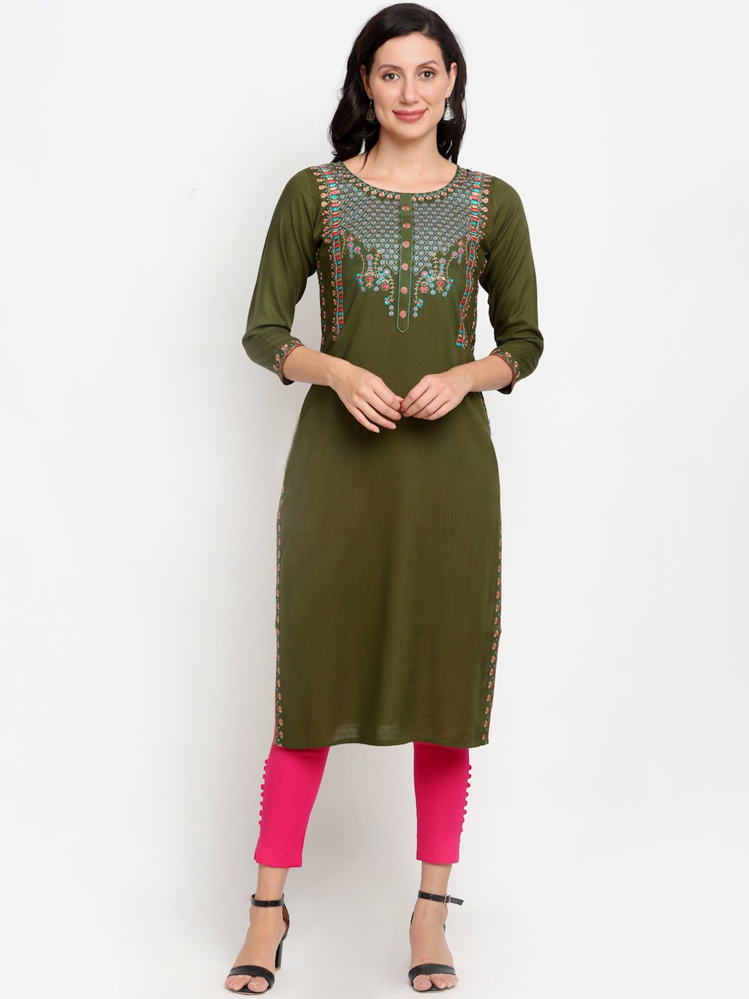 

Lovely Lady Women Olive Green Floral Embroidered Thread Work Kurta