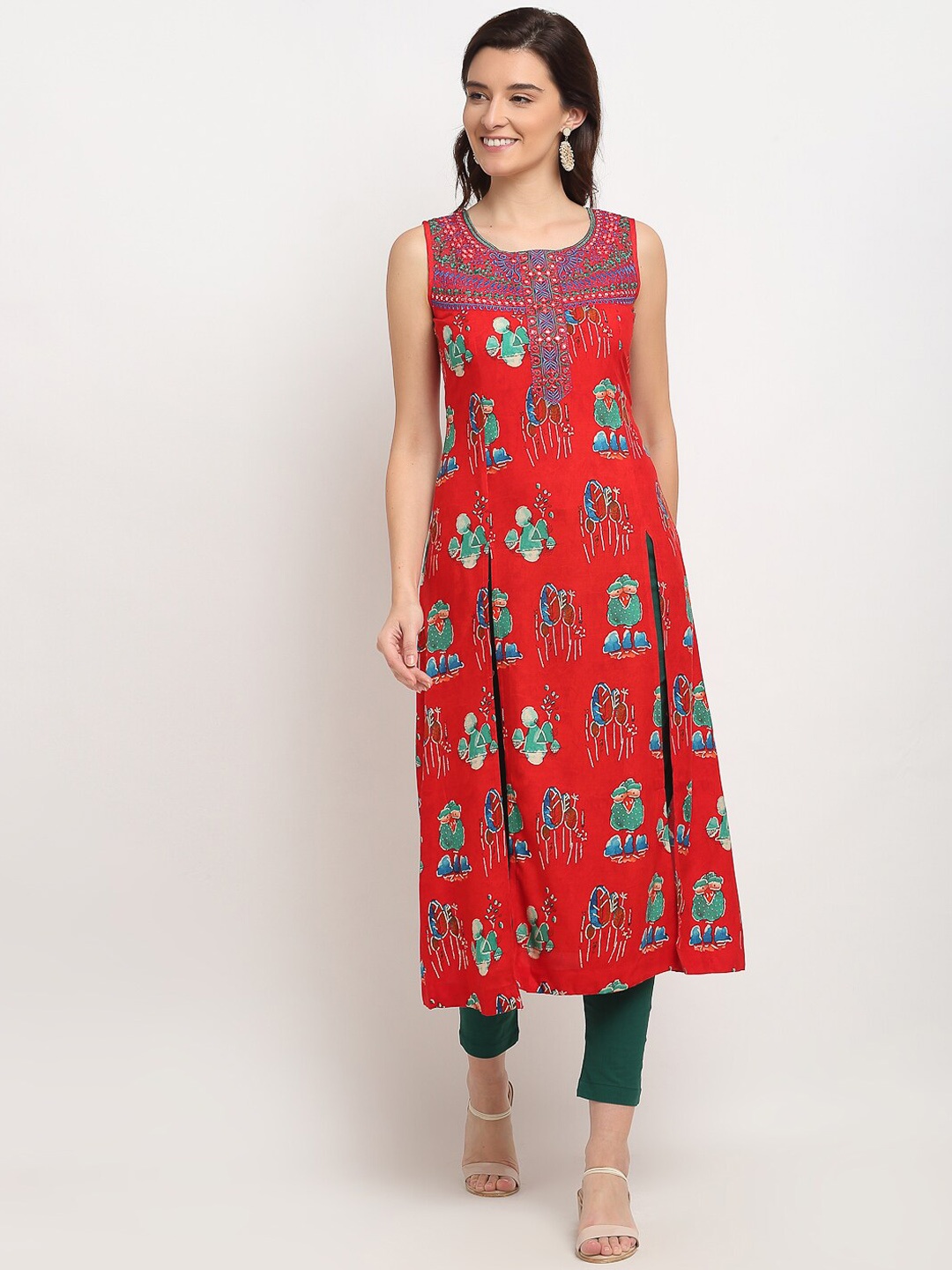 

Lovely Lady Women Red Ethnic Motifs Embroidered Thread Work Kurta