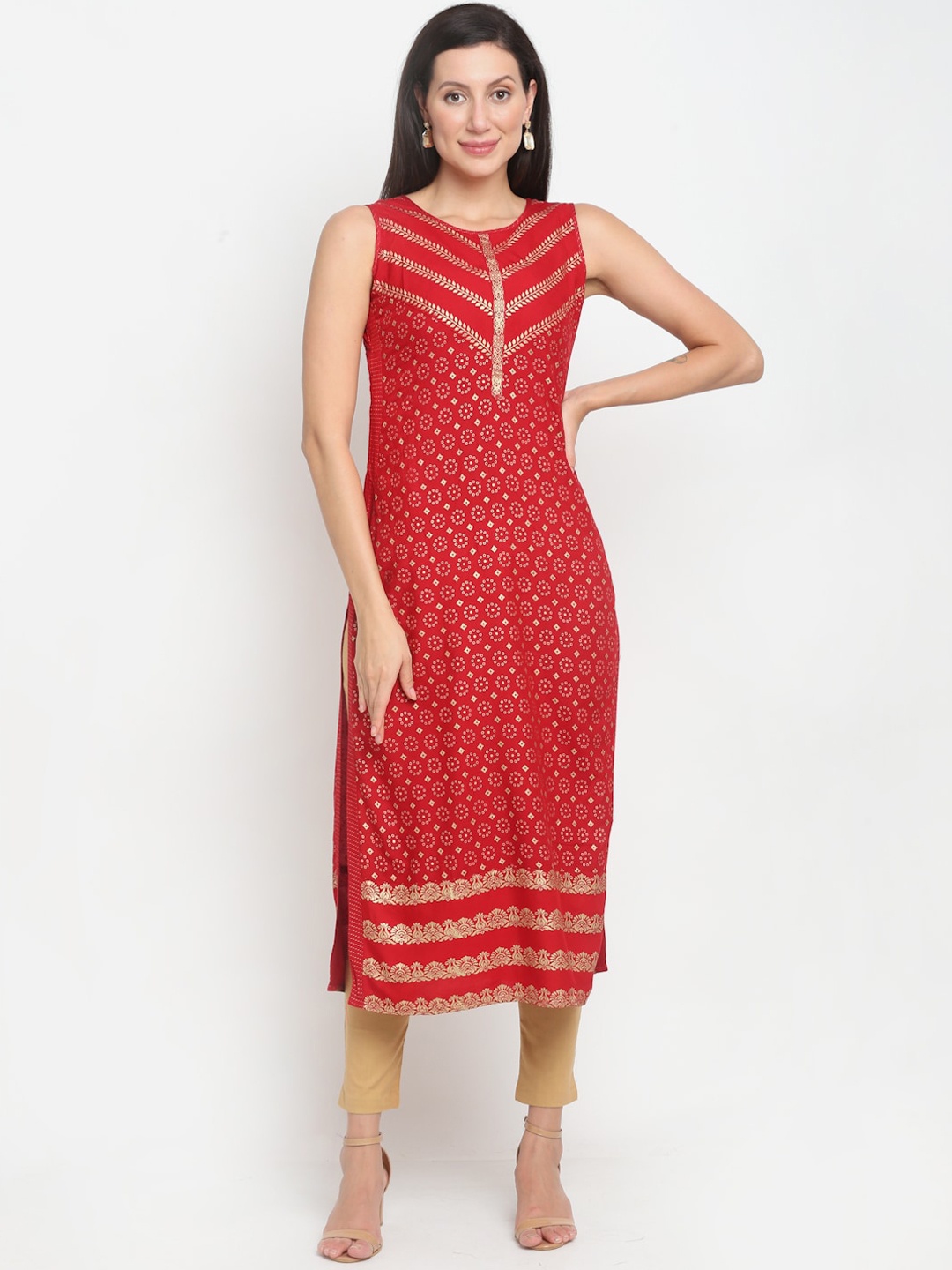 

Lovely Lady Women Red & Gold-Toned Ethnic Motifs Yoke Design Kurta