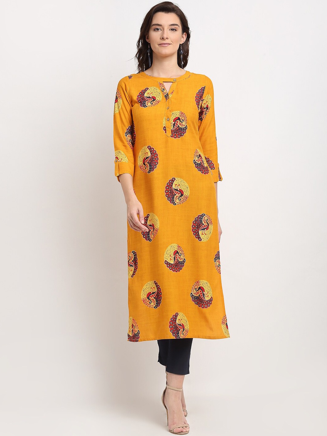 

Lovely Lady Women Mustard Yellow Floral Printed Keyhole Neck Kurta