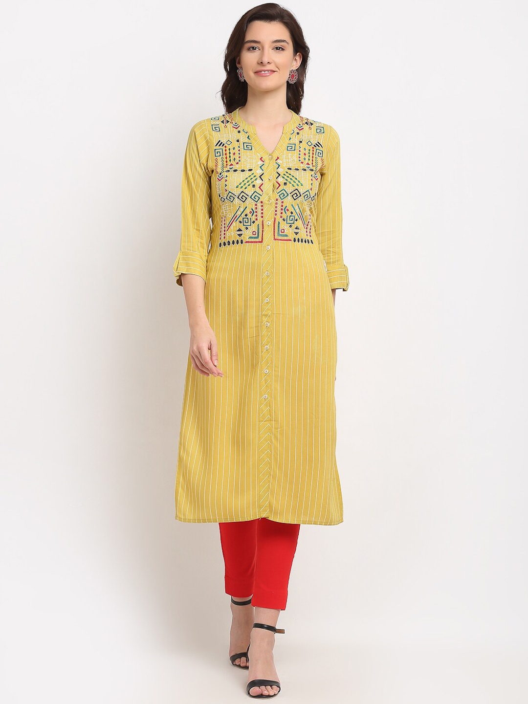 

Lovely Lady Women Mustard Yellow Striped Kurta