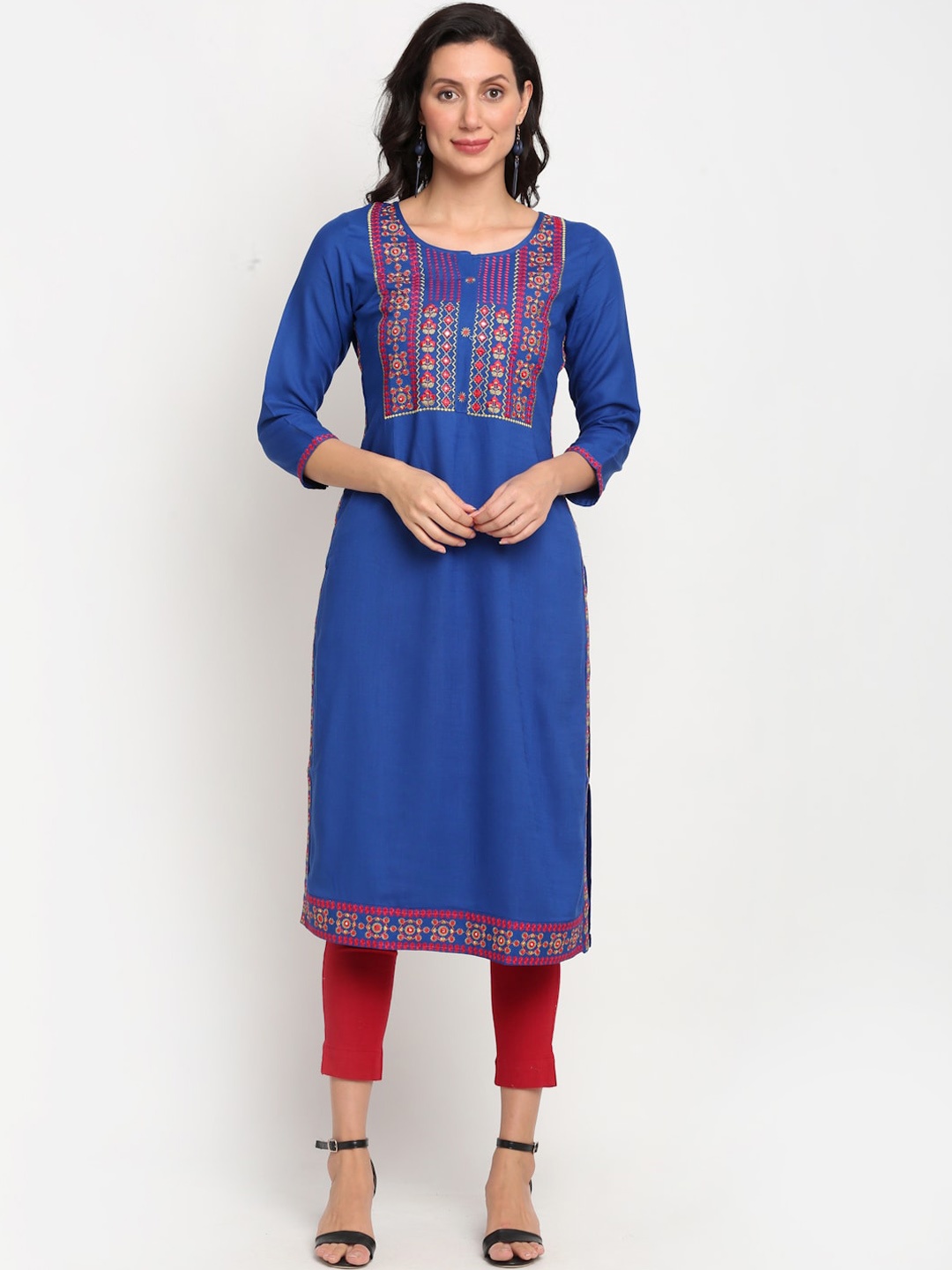 

Lovely Lady Women Blue & Red Embroidered Straight Kurta