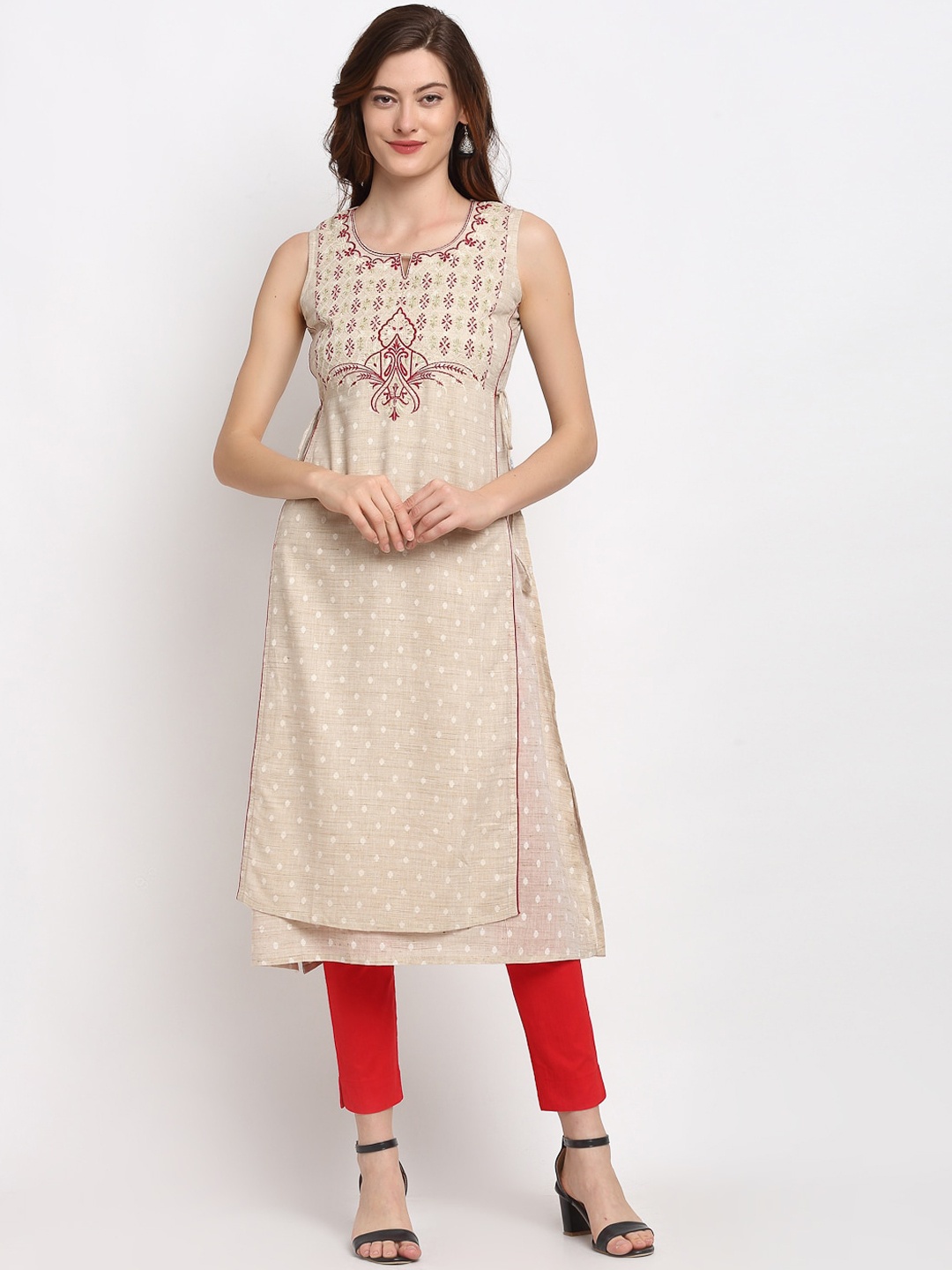 

Lovely Lady Women Cream Ethnic Motifs Embroidered Thread Work Layered Kurta