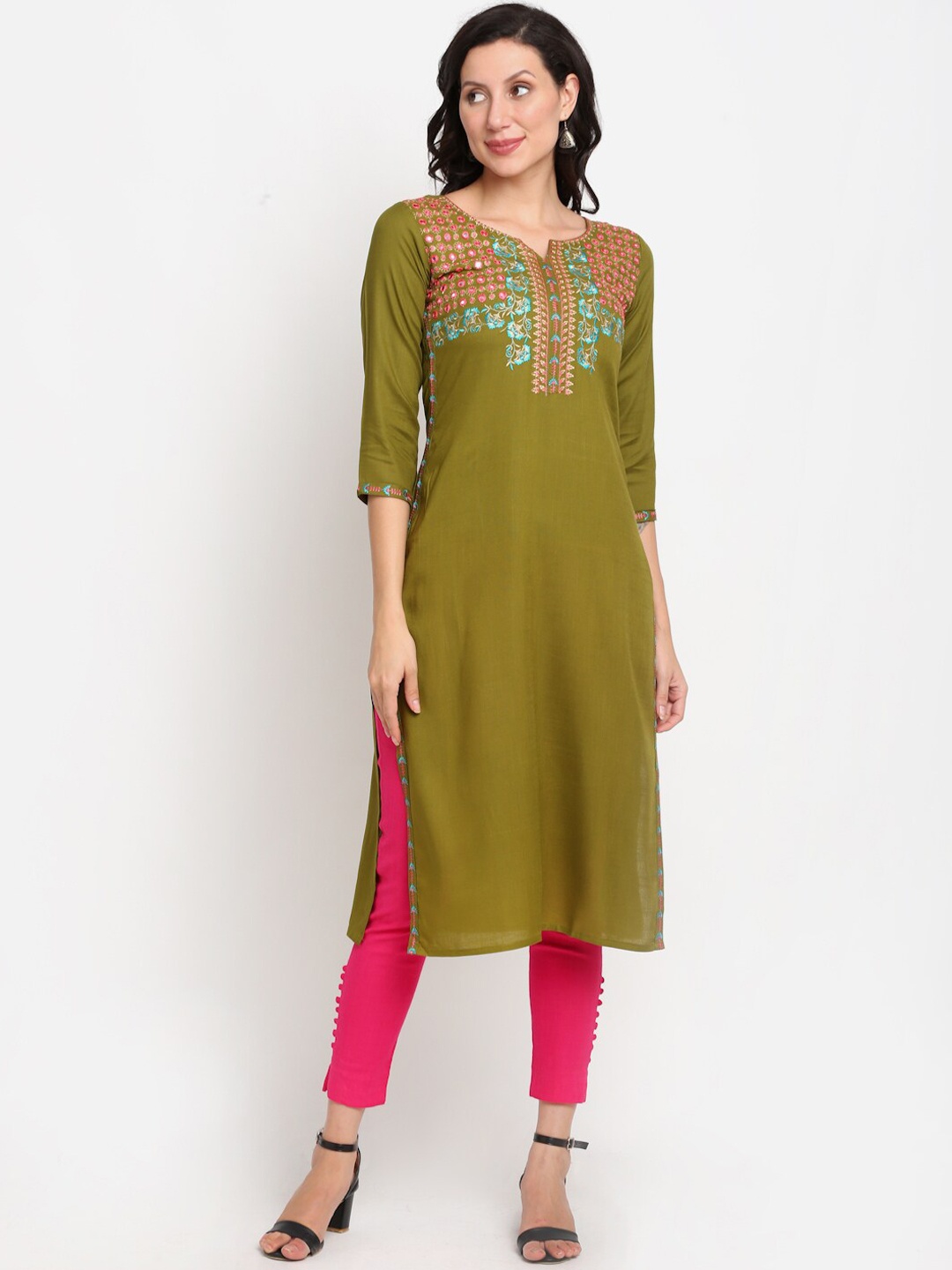 

Lovely Lady Women Olive Green Ethnic Motifs Yoke Design Thread Work Kurta