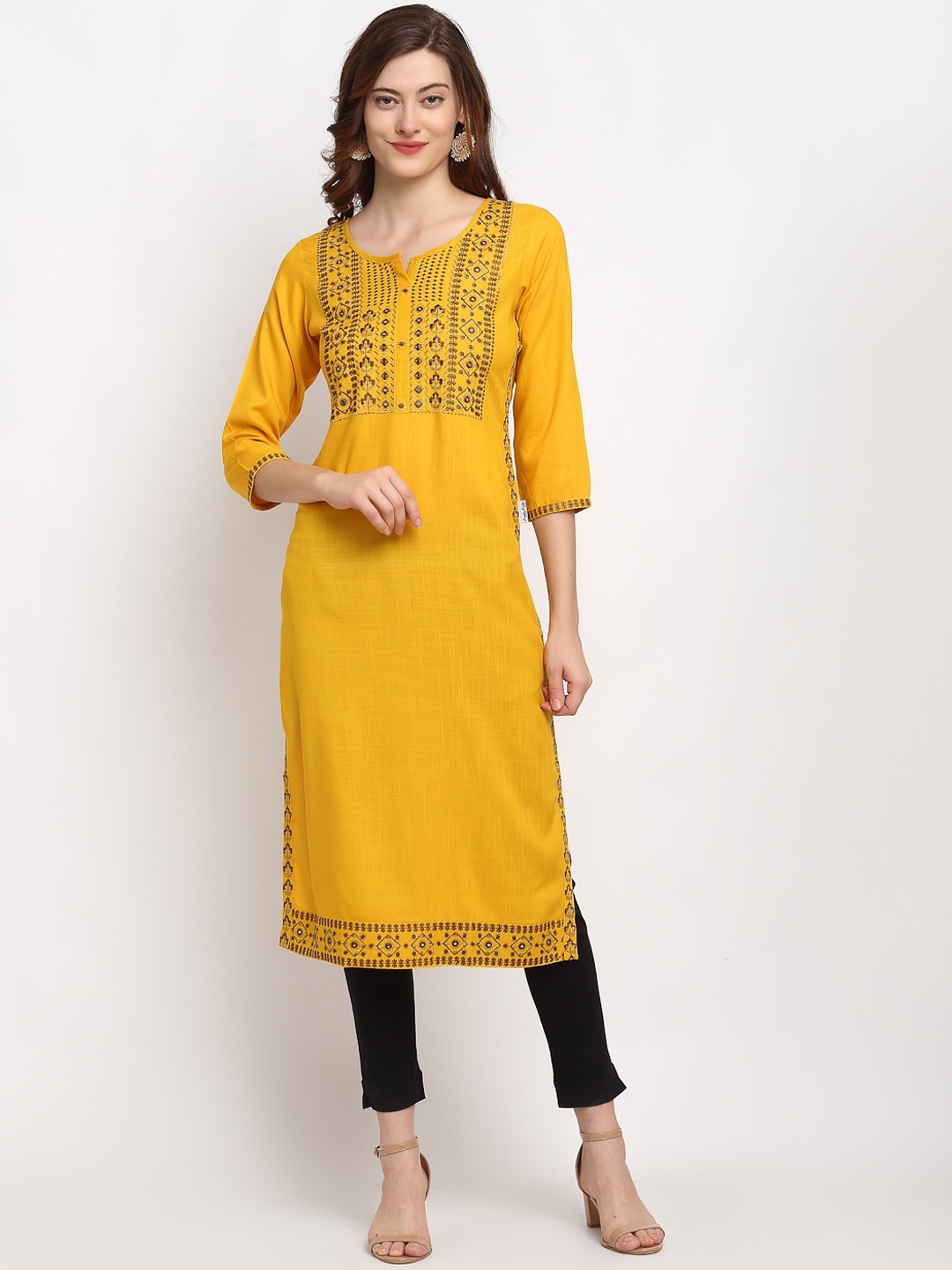 

Lovely Lady Women Mustard Yellow Yoke Design Thread Work Kurta