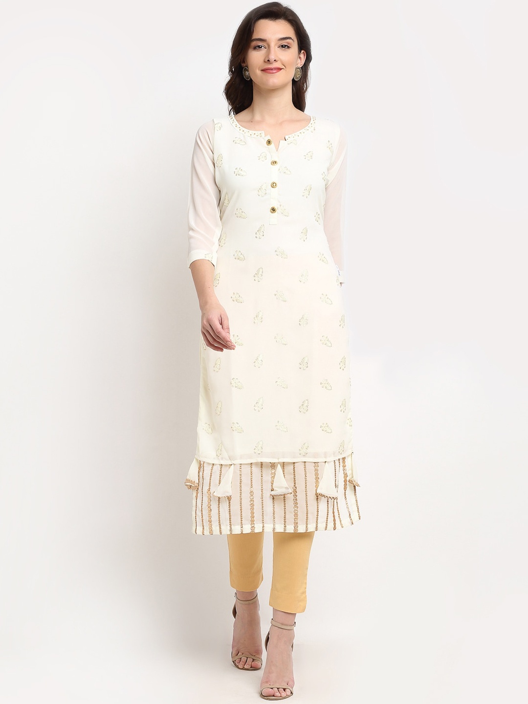 

Lovely Lady Women Off White Geometric Patchwork Georgette Kurta