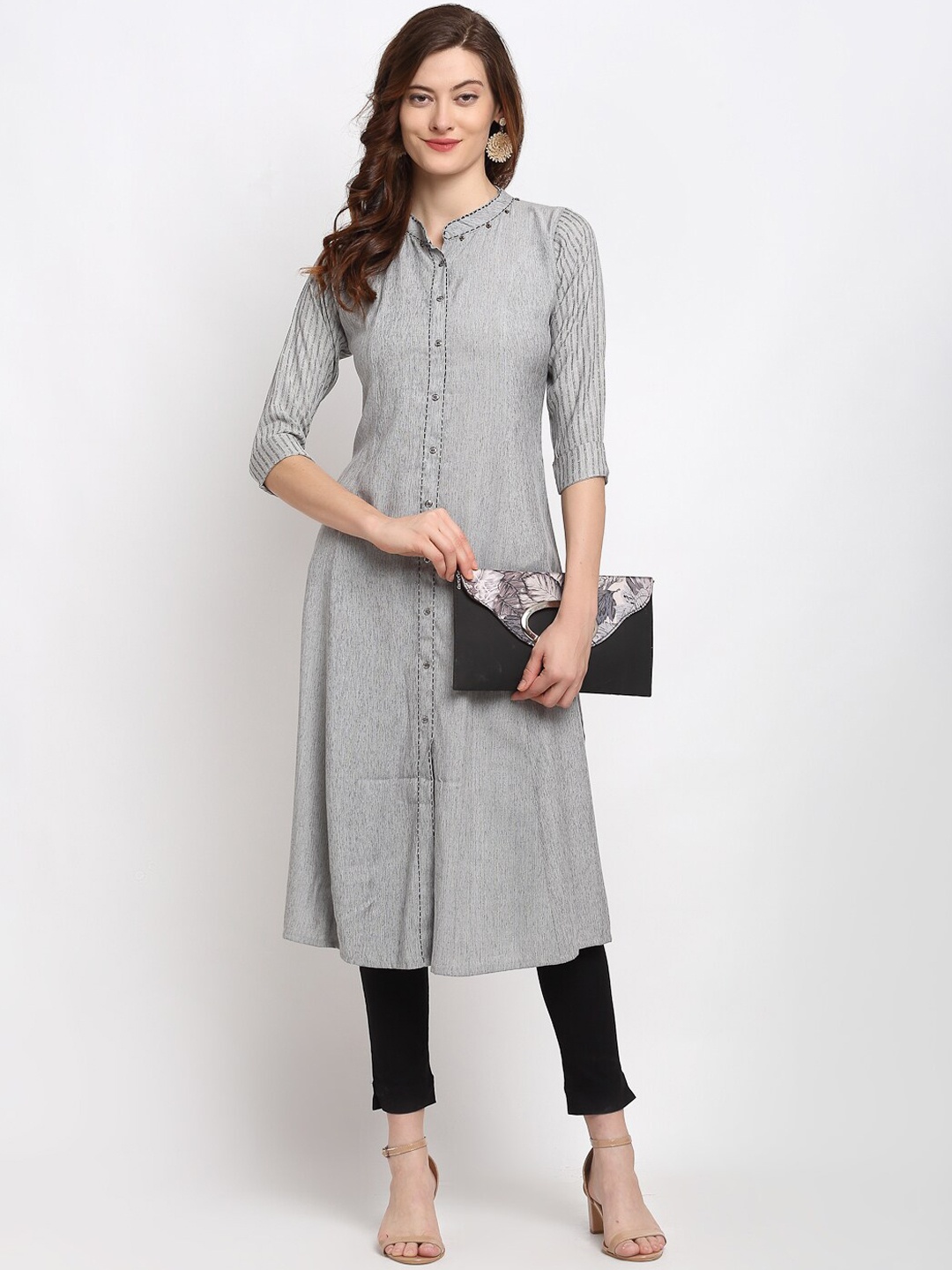 

Lovely Lady Women Grey & Black Striped Kantha Work A-line Kurta