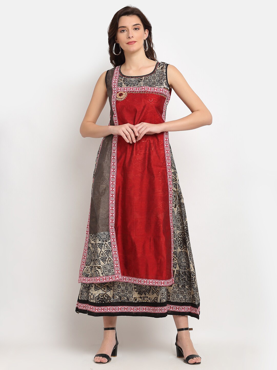 

Lovely Lady Maroon & Black Ethnic Motifs Ethnic A-Line Midi Dress
