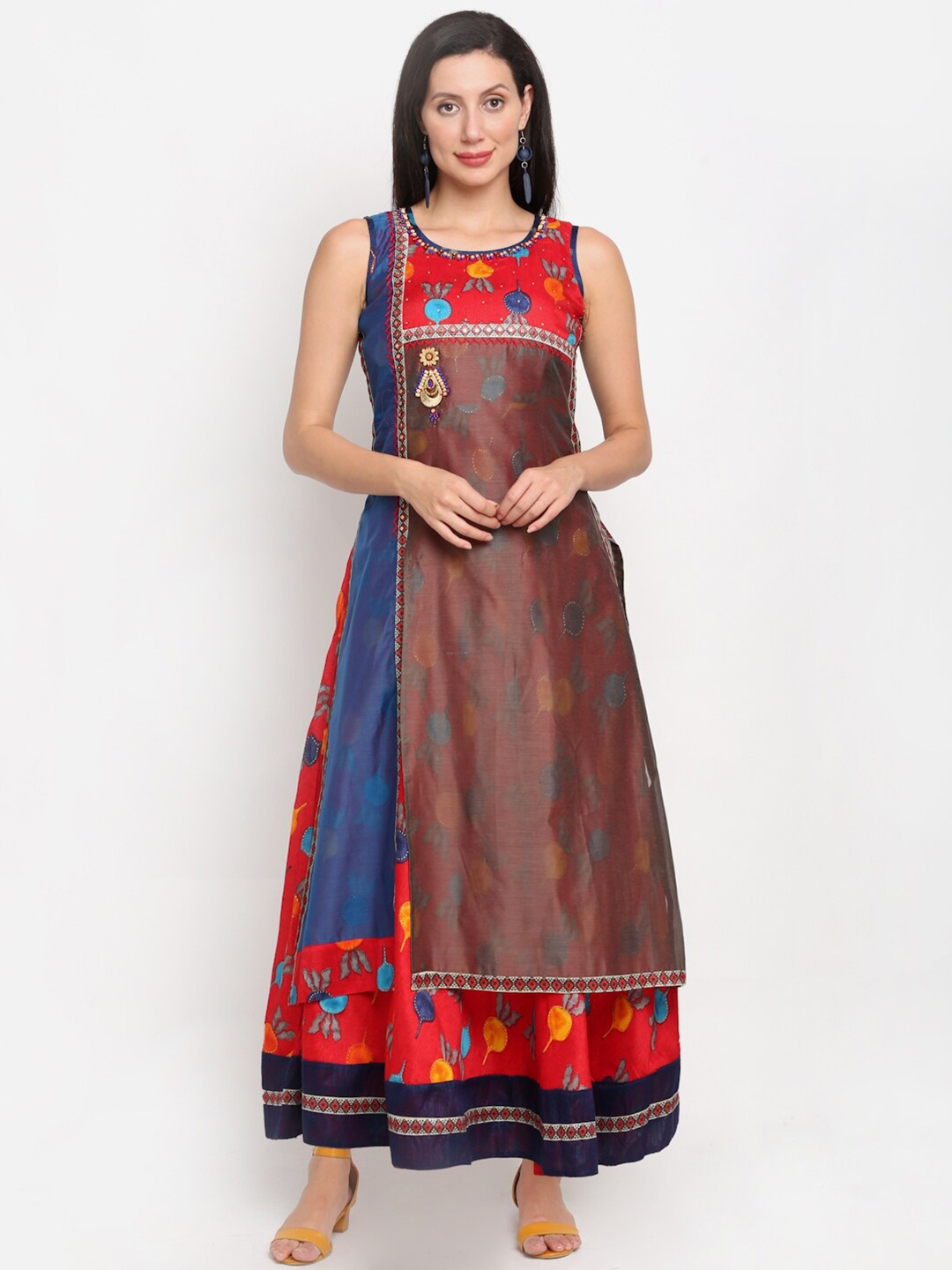 

Lovely Lady Red Ethnic Motifs Layered Maxi Dress