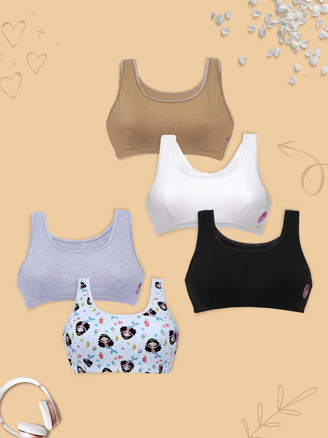

DChica Girls Pack Of 5 Double Layer Premium Cotton Non-Wired Non Padded Beginners Bra, White