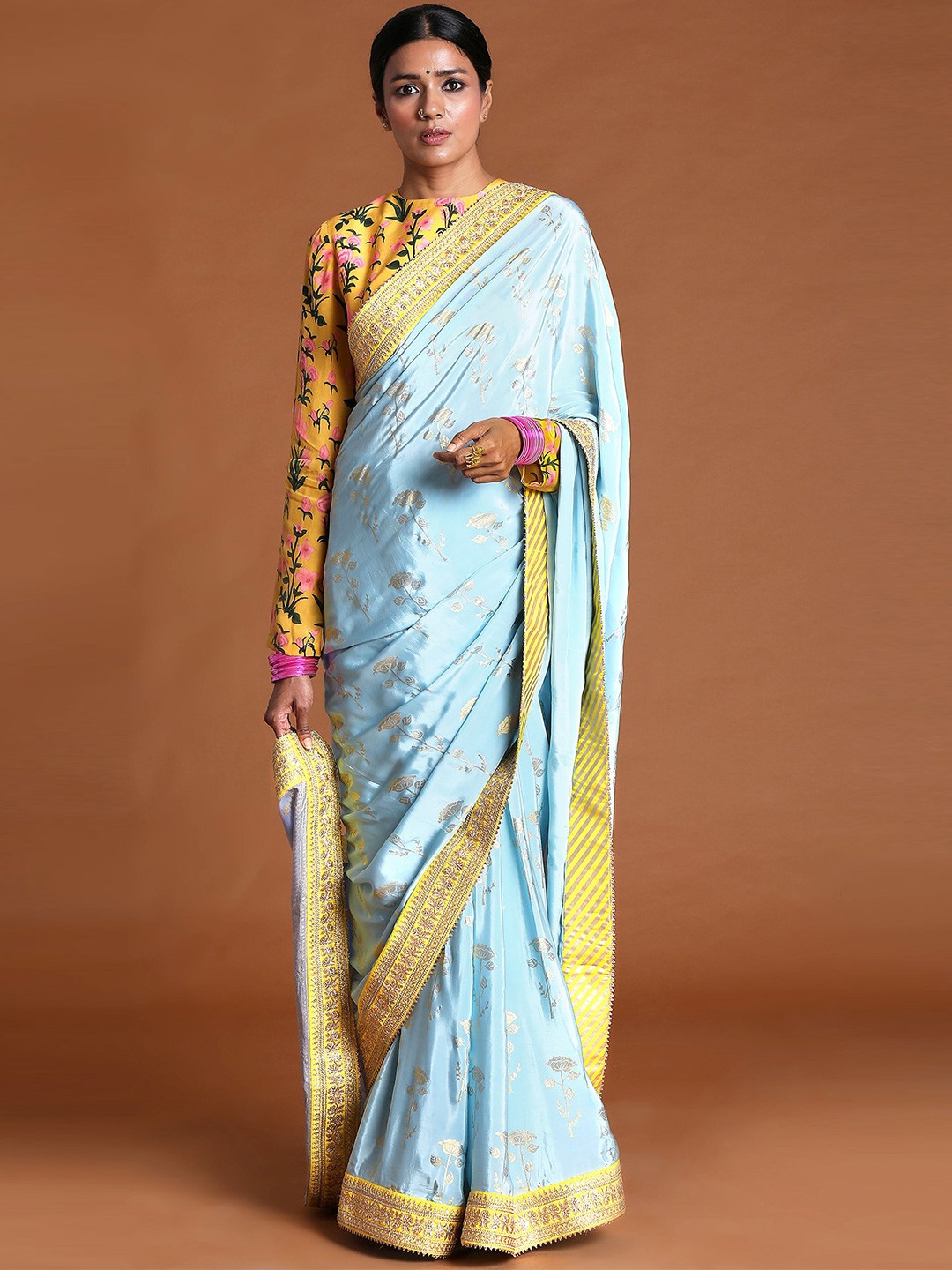 

Masaba Blue & Gold-Toned Floral Pure Crepe Saree