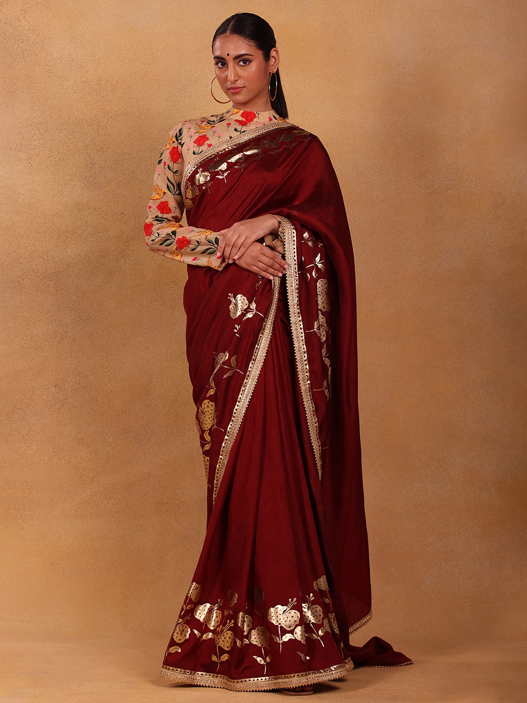 

Masaba Maroon & Gold-Toned Floral Zari Pure Crepe Saree