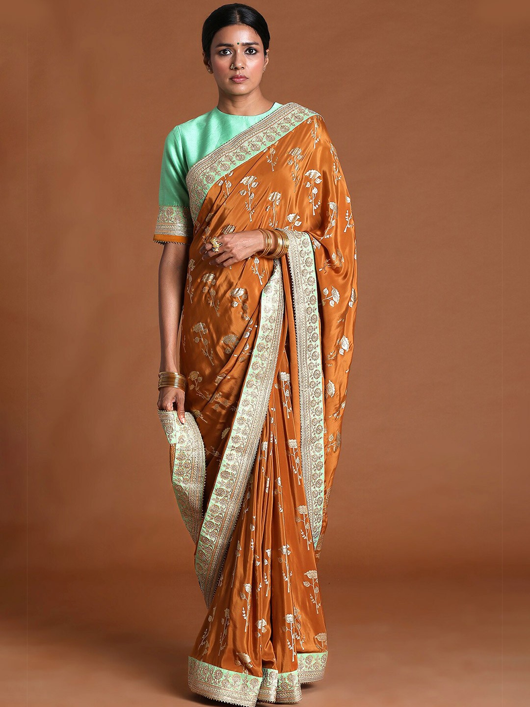 

Masaba Mustard & Gold-Toned Floral Pure Crepe Saree