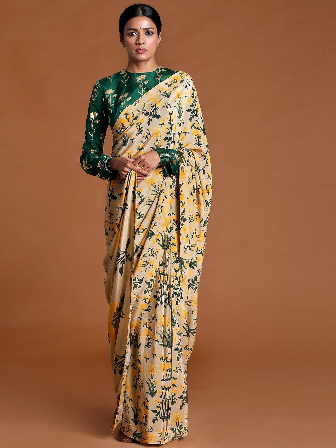 

Masaba Beige & Green Floral Pure Crepe Saree