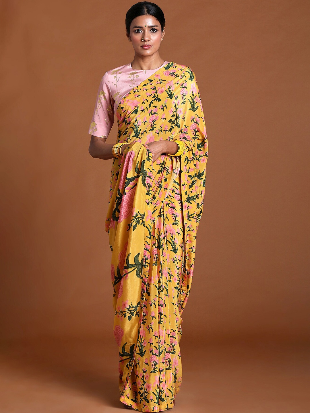 

Masaba Yellow & Green Floral Pure Crepe Saree