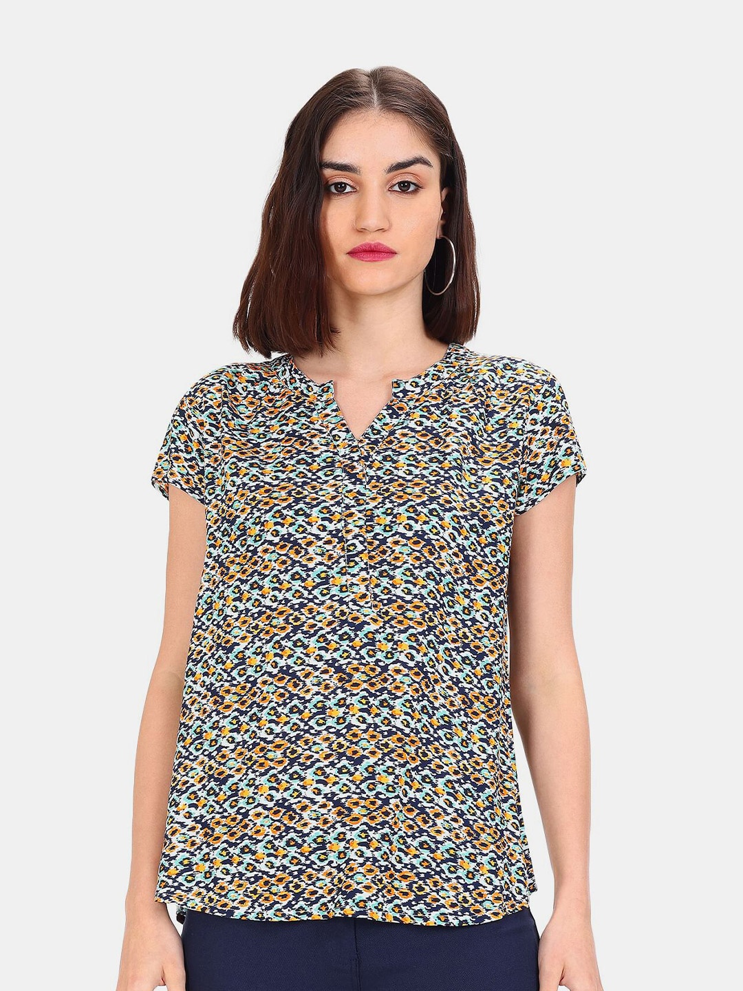 

Cherokee Women Navy Blue & Beige Floral Printed Blouson Top