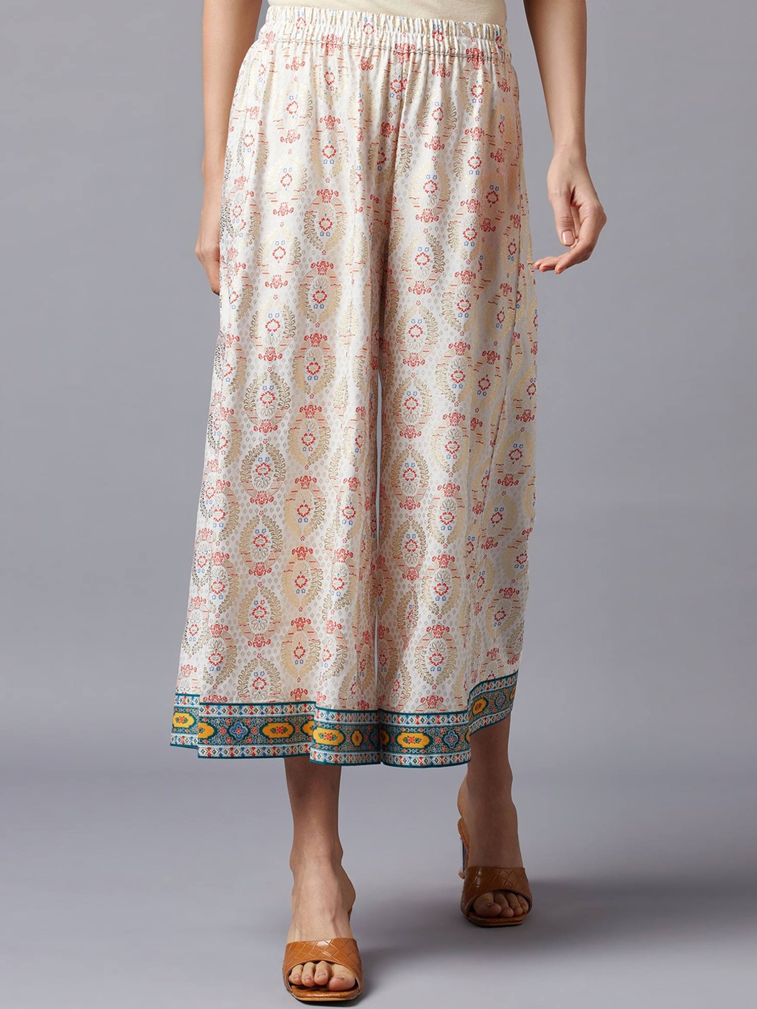 

AURELIA Women White Ethnic Motifs Printed Flared Cropped Ethnic Palazzos