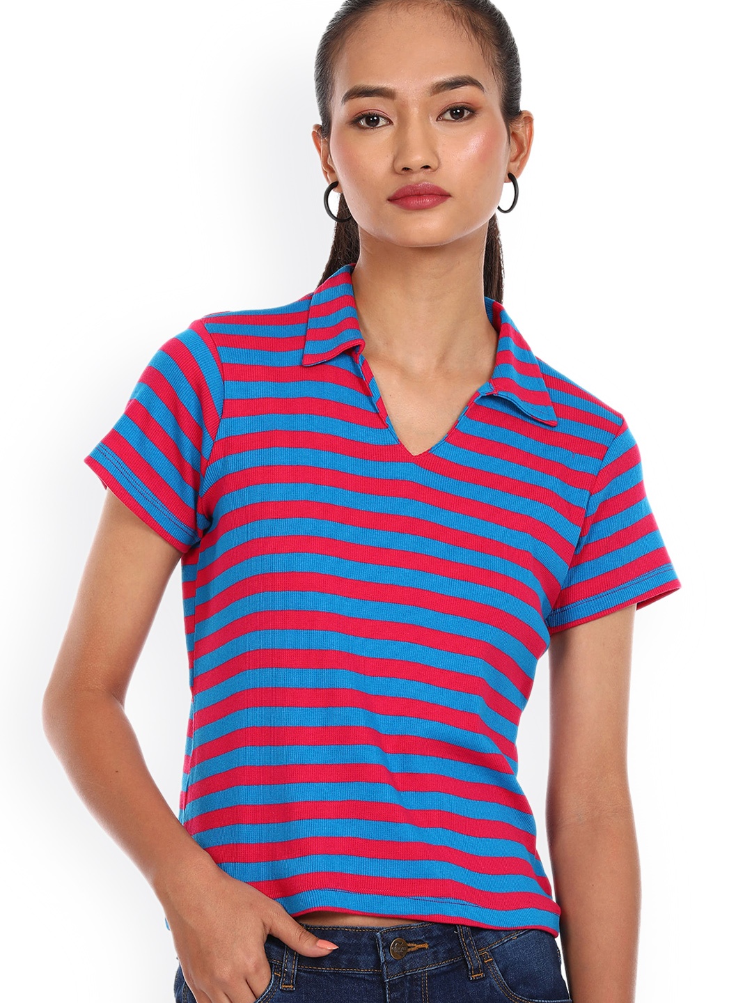 

Sugr Women Pink & Blue Pure Cotton Striped Spread Collar T-shirt