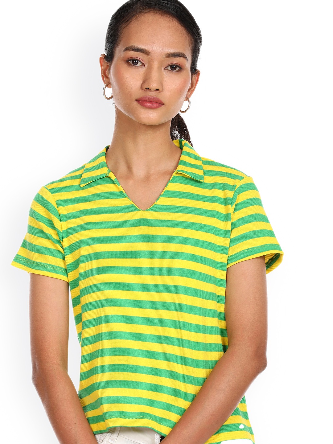 

Sugr Women Yellow & Green Pure Cotton Striped Top