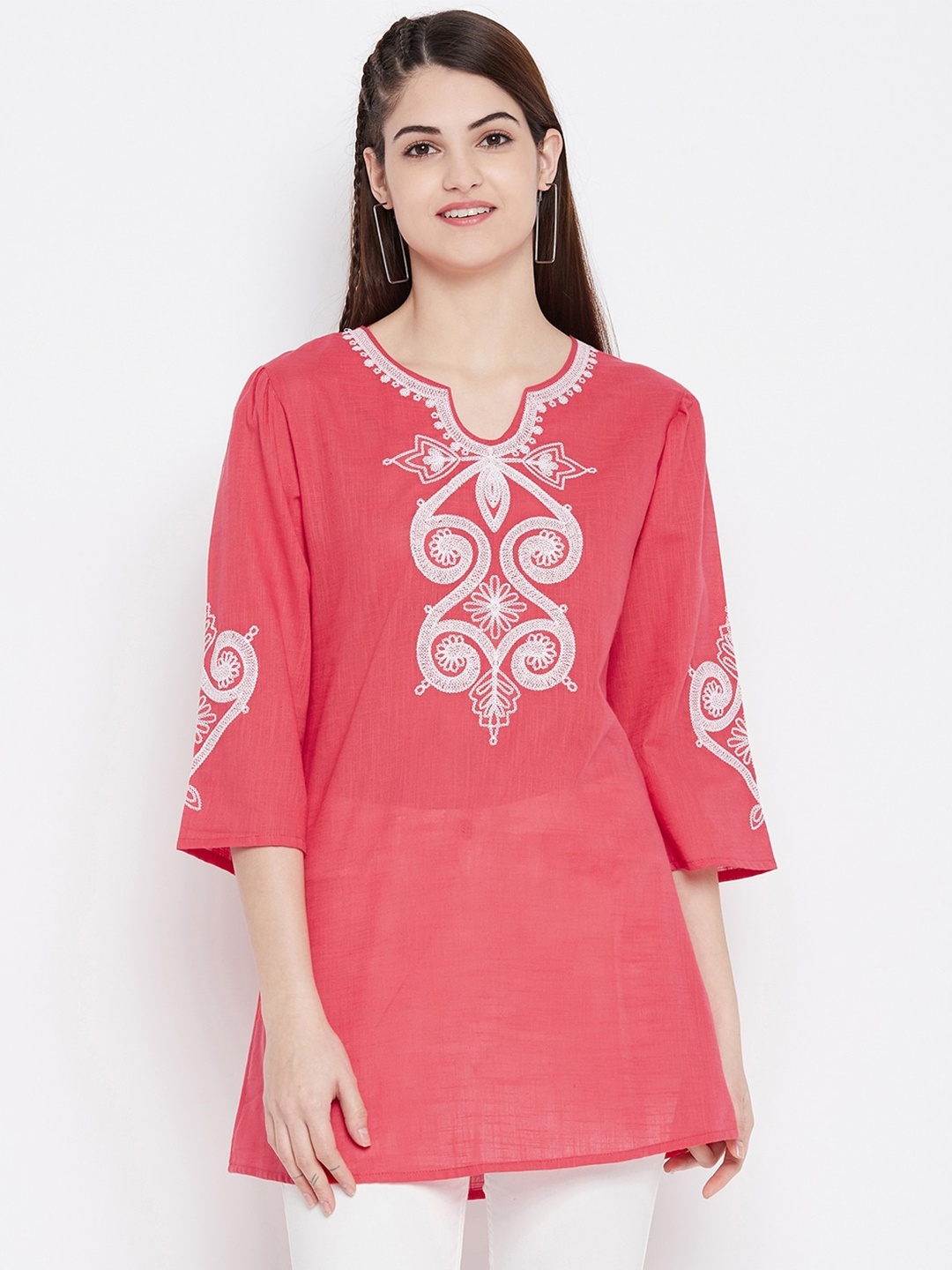 

Ruhaans Women Pink Embroidered Keyhole Neck Longline Top