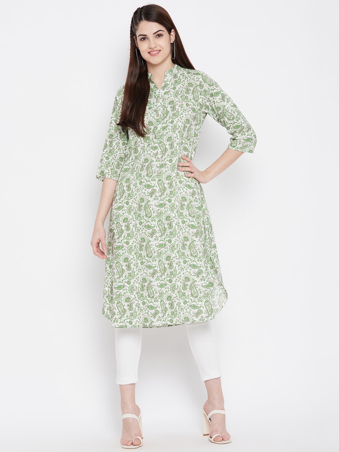 

Ruhaans Women Green & White Ethnic Motifs Printed Kurta