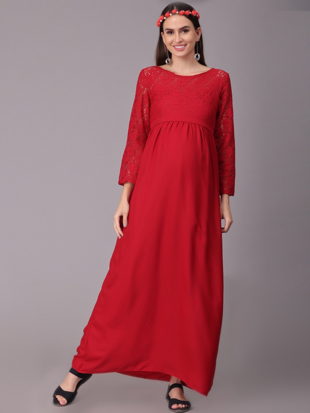 

The Mom Store Women Maroon Lace Detailing Maternity Maxi Dress