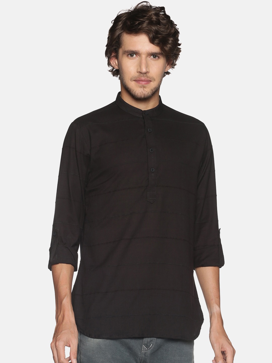 

Saffron Threads Men Black Striped Pure Cotton Dobby Kurta