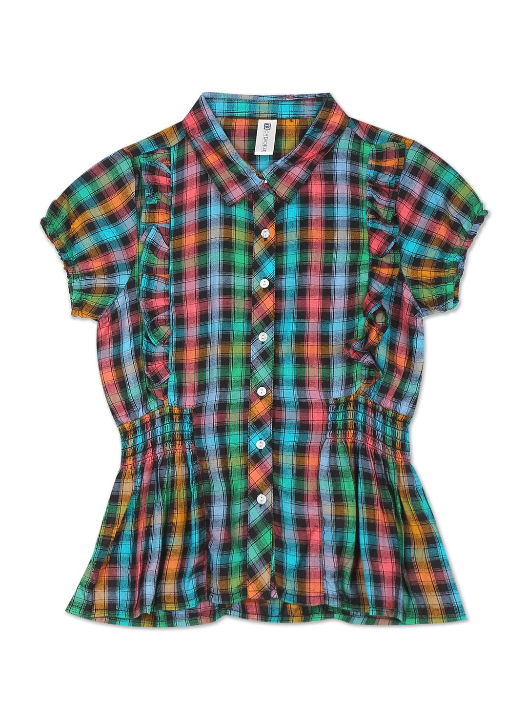 

Cherokee Blue & Pink Checked Cinched Waist Shirt Style Top