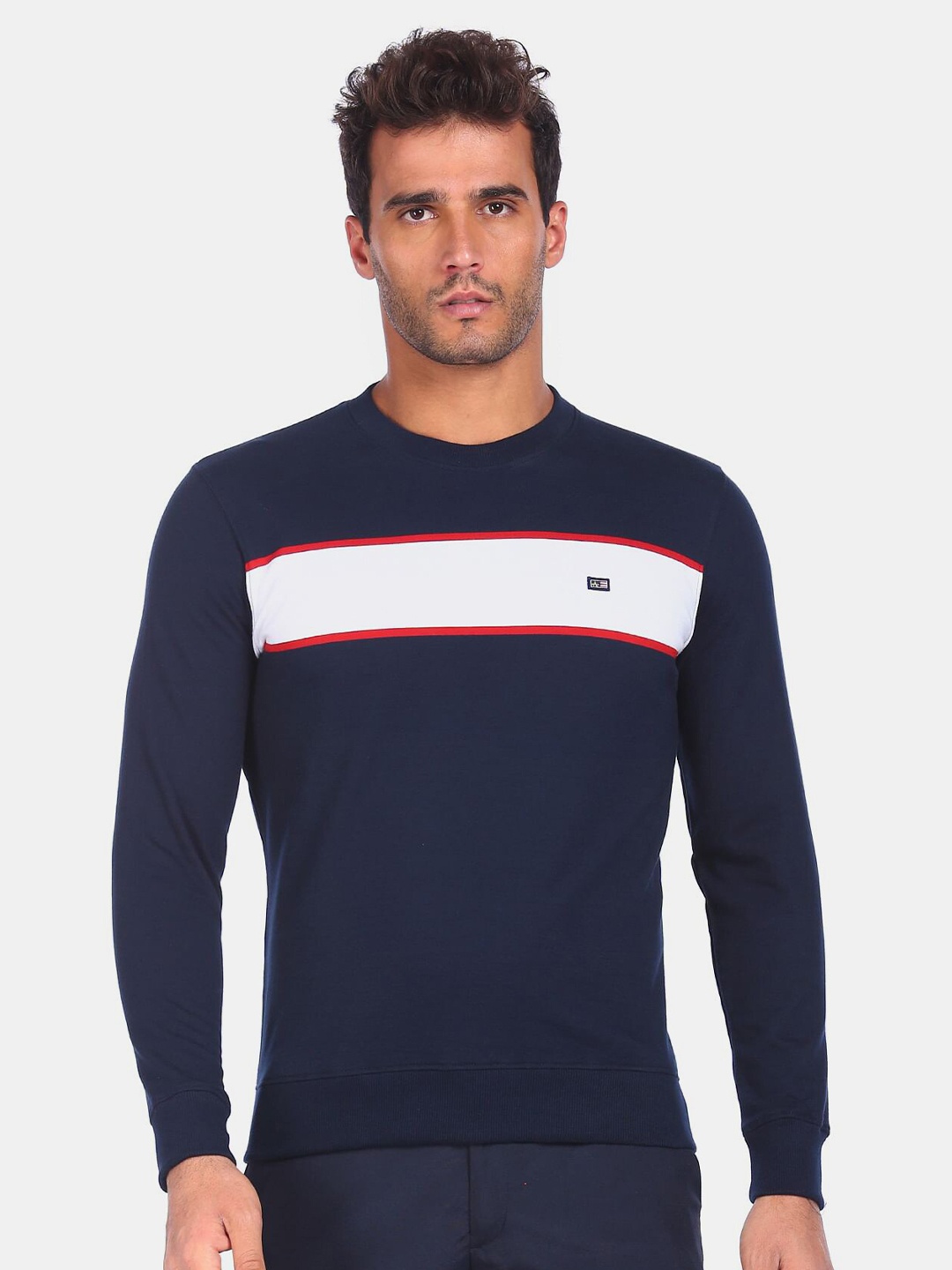 

Arrow Sport Men Navy Blue & White Striped Pure Cotton Sweatshirt