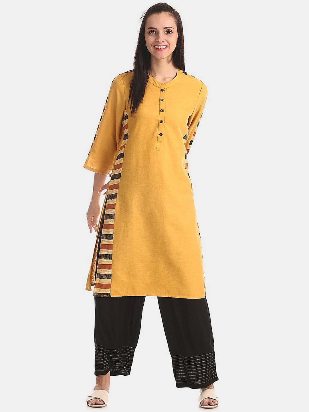 

Karigari Women Mustard Yellow Mandarin Collar A-Line Kurta