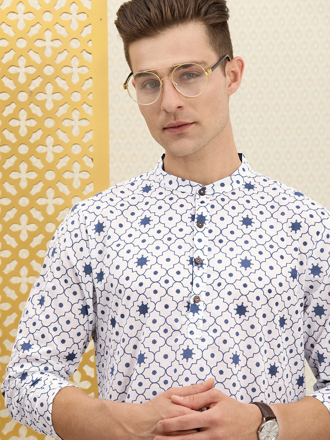 

House of Pataudi Men White Ethnic Motifs Printed Kurta