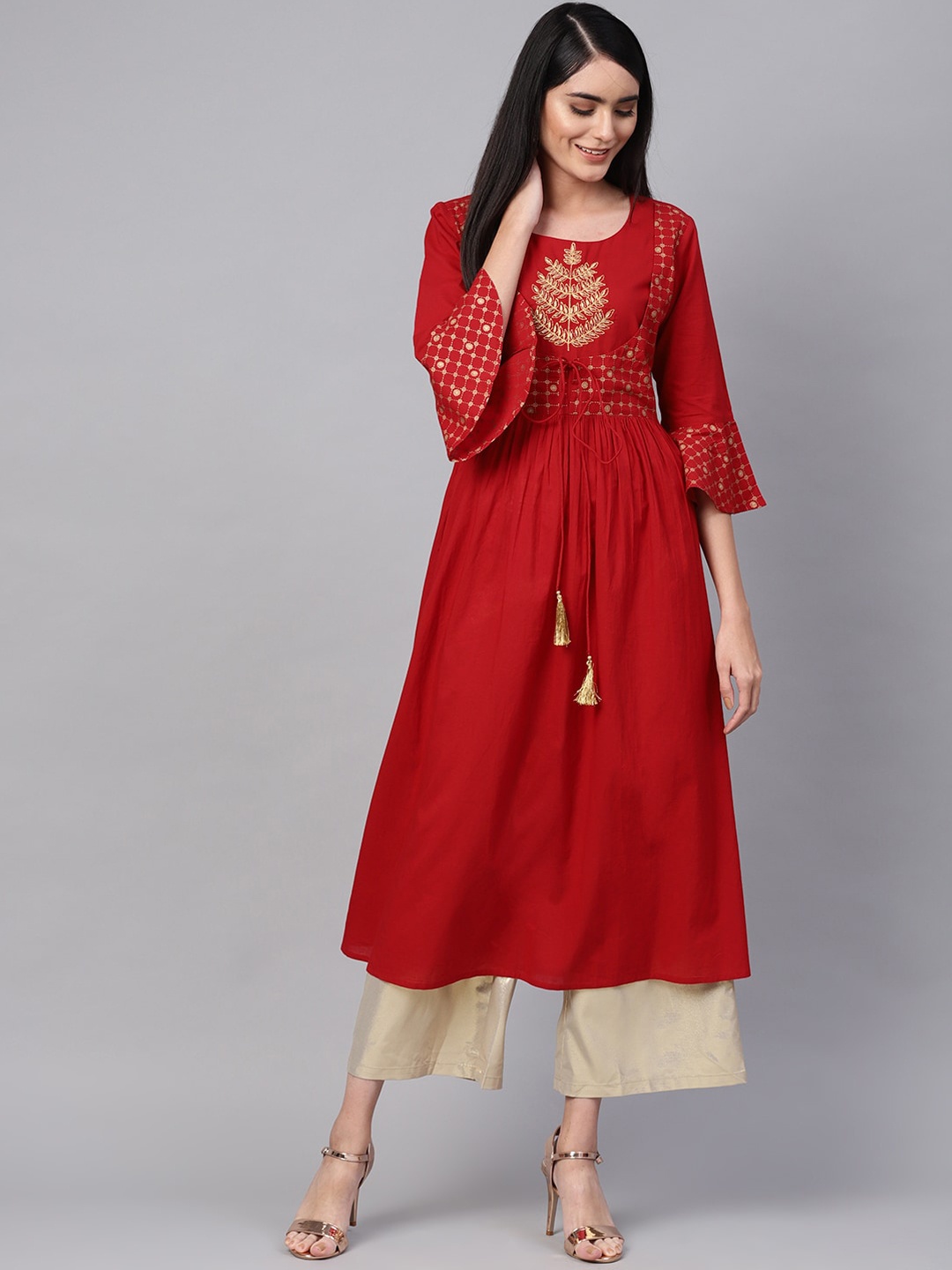 

Varanga Women Red Ethnic Motifs Yoke Design Bell Sleeves Thread Work Kurta