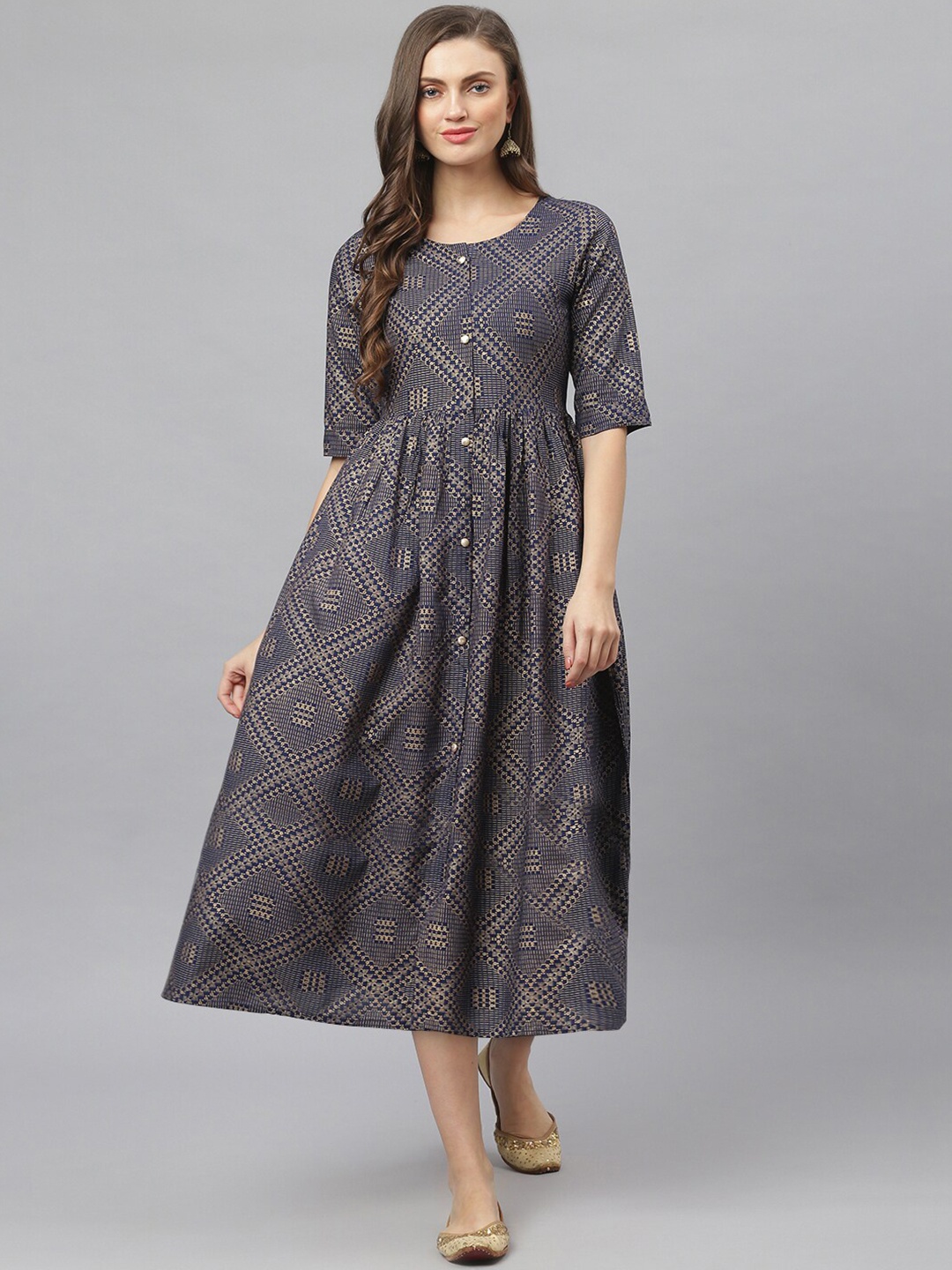 

Stylum Navy Blue & Golden Printed A-Line Midi Dress