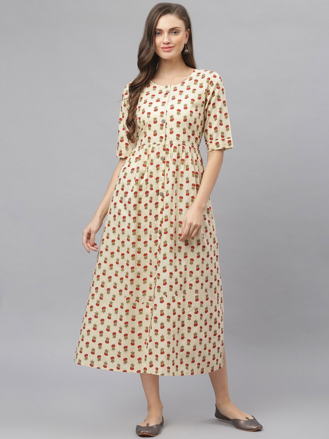 

Stylum Beige & Red Cotton Ethnic Motifs Print A-Line Midi Dress